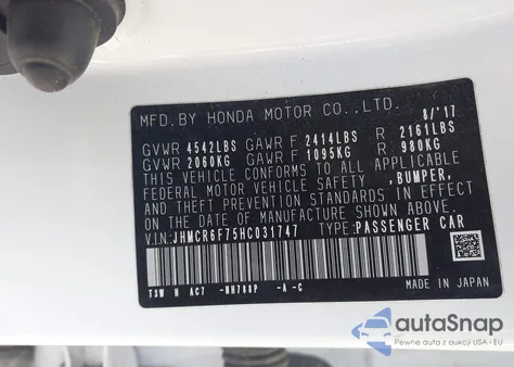 2017 Honda Accord Hybrid Touring from USA, damaged, VIN JHMCR6F75HC031747